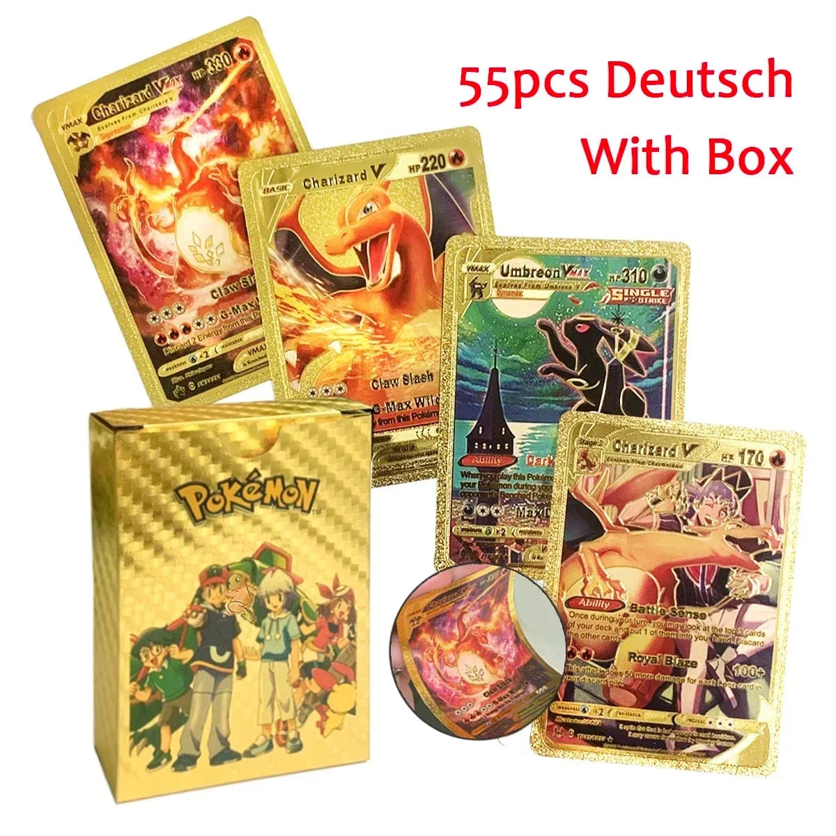 10-55Pcs Pokemon Gold Foil Cards Golden Letters English Spanish French German Game Card Metalicas Charizard Vmax Gx Series