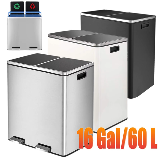 Sleek Brushed Stainless Steel 60L Dual Compartment Hands-Free Recycling Trash Can with Soft-Close Lid