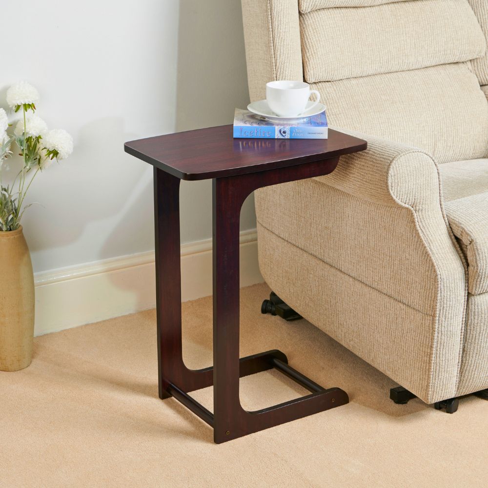 Compact C-Shaped Sofa Side Table in Mahogany or Oak