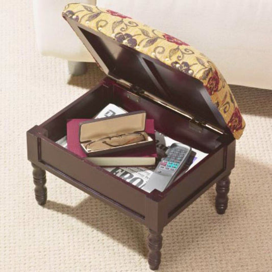 Floral Upholstered Footstool Compact Wooden Ottoman with Hidden Compartment