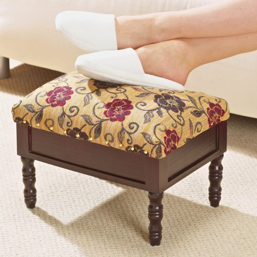 Floral Upholstered Footstool Compact Wooden Ottoman with Hidden Compartment