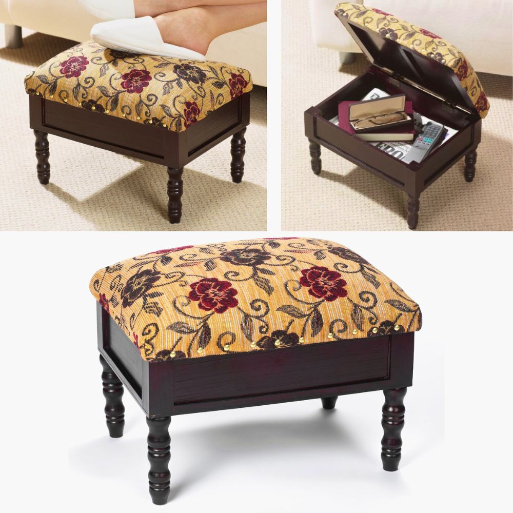 Floral Upholstered Footstool Compact Wooden Ottoman with Hidden Compartment