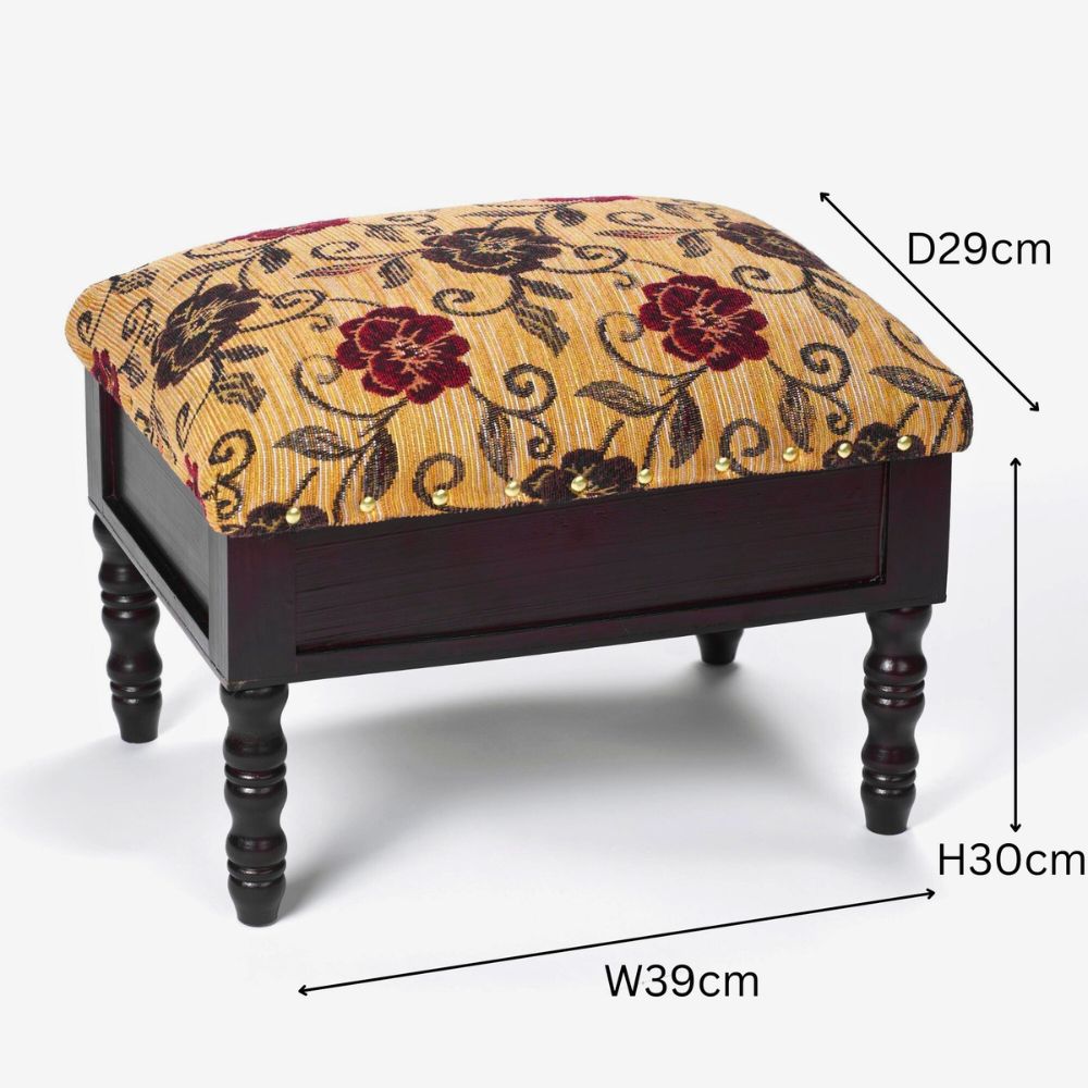 Floral Upholstered Footstool Compact Wooden Ottoman with Hidden Compartment