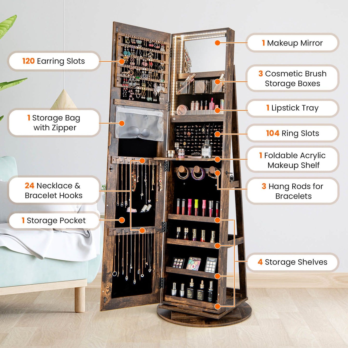 360-Degree Mirrored Jewelry Armoire with 3-Color Auto-On LED Lights