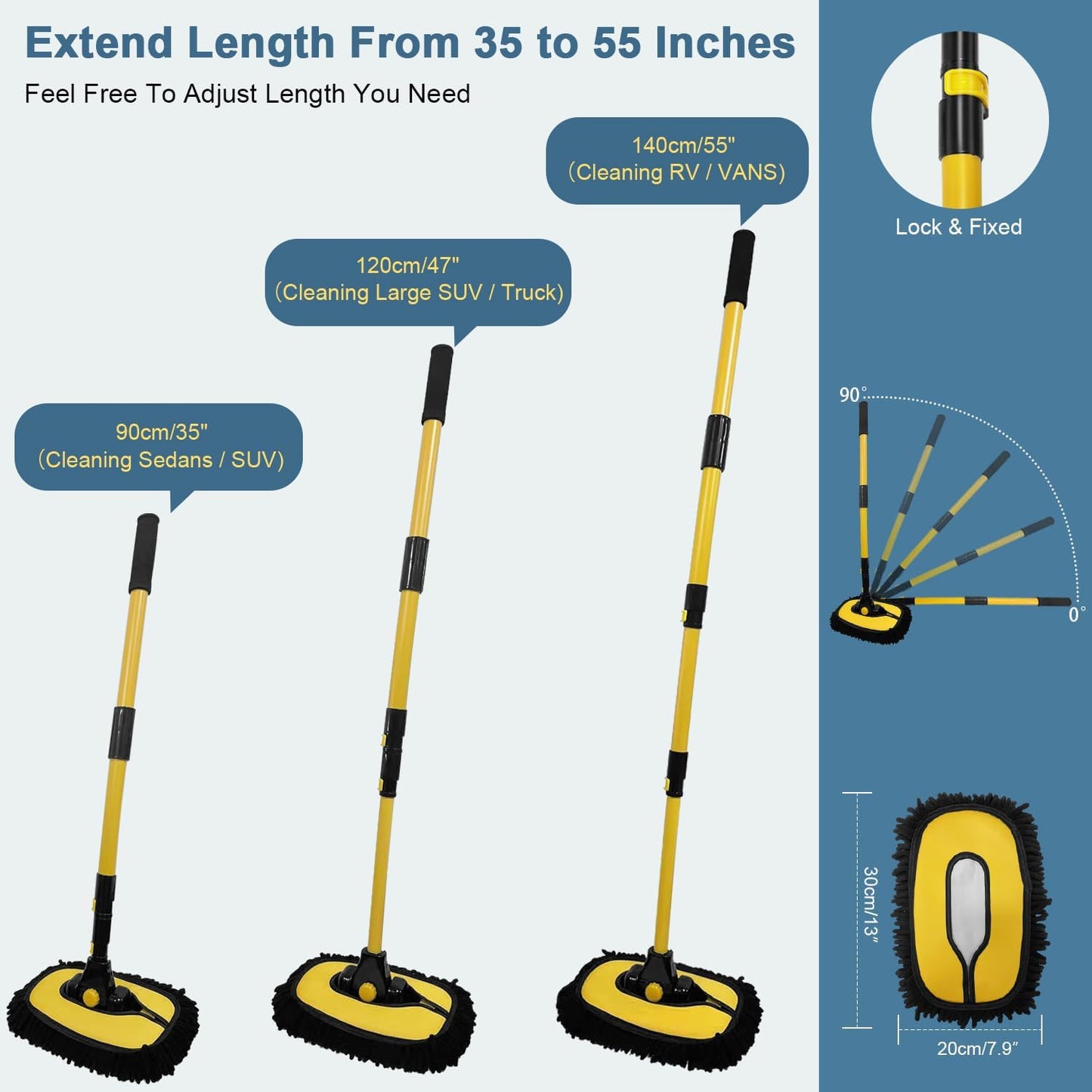 55" Extendable Car Wash Brush with Curved Handle & Replaceable Microfiber Head - Perfect for RV, Truck, and Camper Cleaning - Portable Kit with Storage Bag