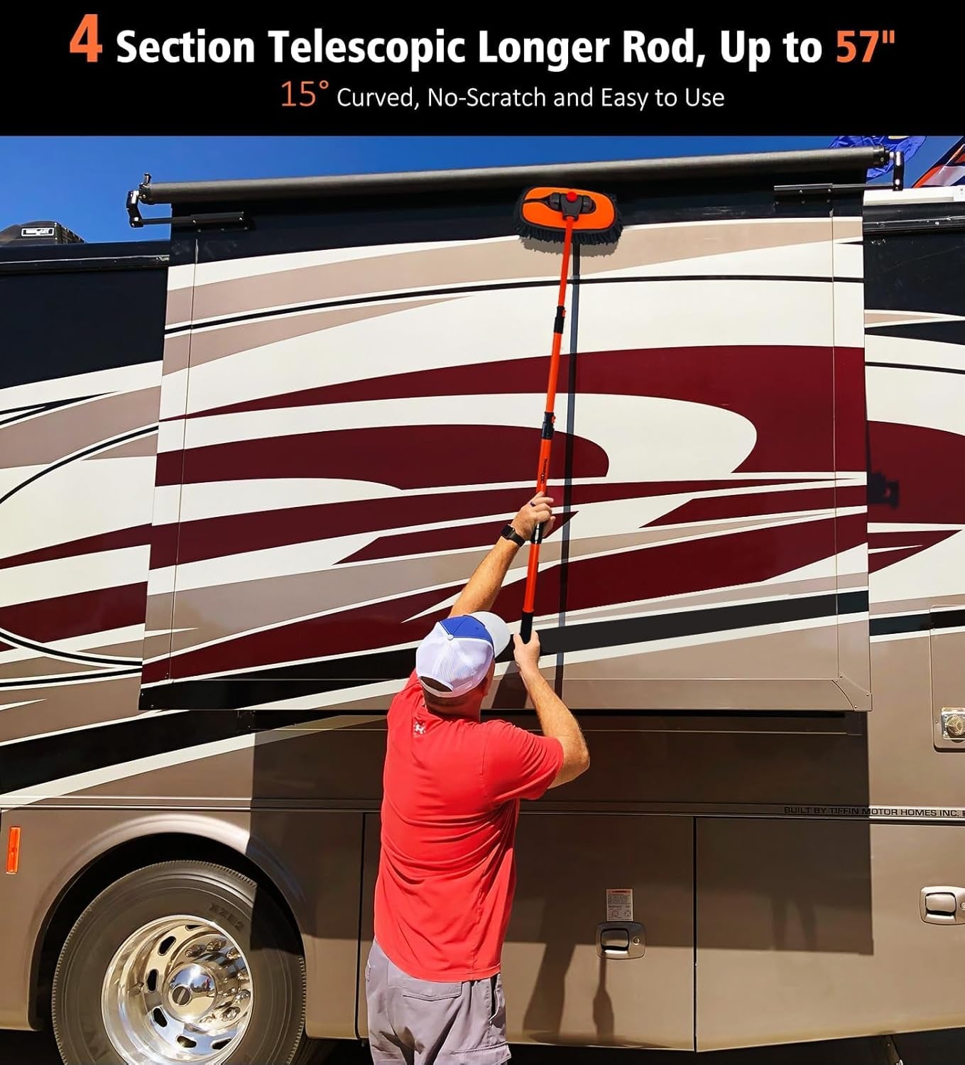 55" Extendable Car Wash Brush Mop with Microfiber Head - Perfect for Trucks & SUVs, Includes Storage Bag - Soft & Effective Cleaning Tool in Orange