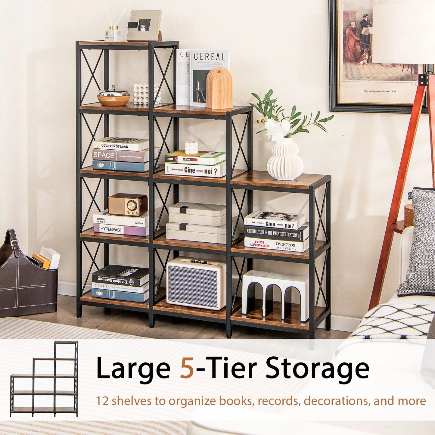 5-Tier Bookshelf 9 Cubes Bookcase with Carbon Steel Frame