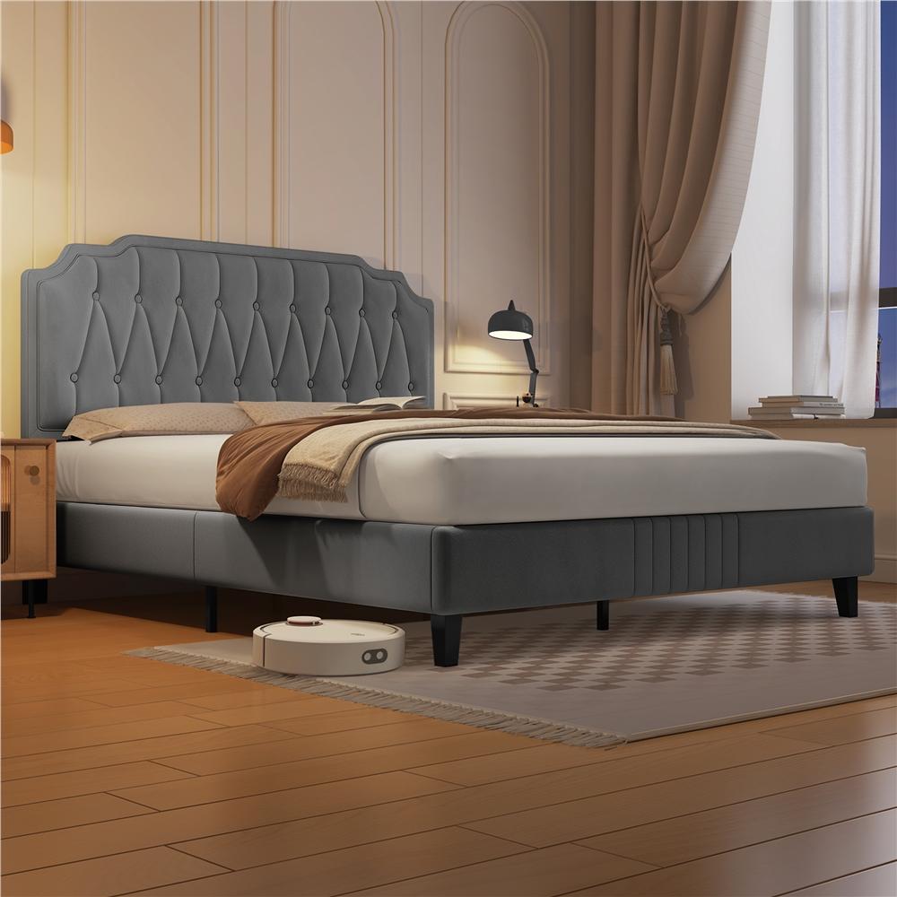 Double/King Bed Frame Upholstered Platform Bed with Adjustable Button Tufted Headboard/Velvet