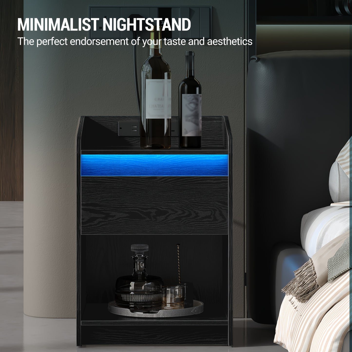 Bedside Table with LED Light - Side Table with Charging Station, 1 Storage Drawer Bedside Table