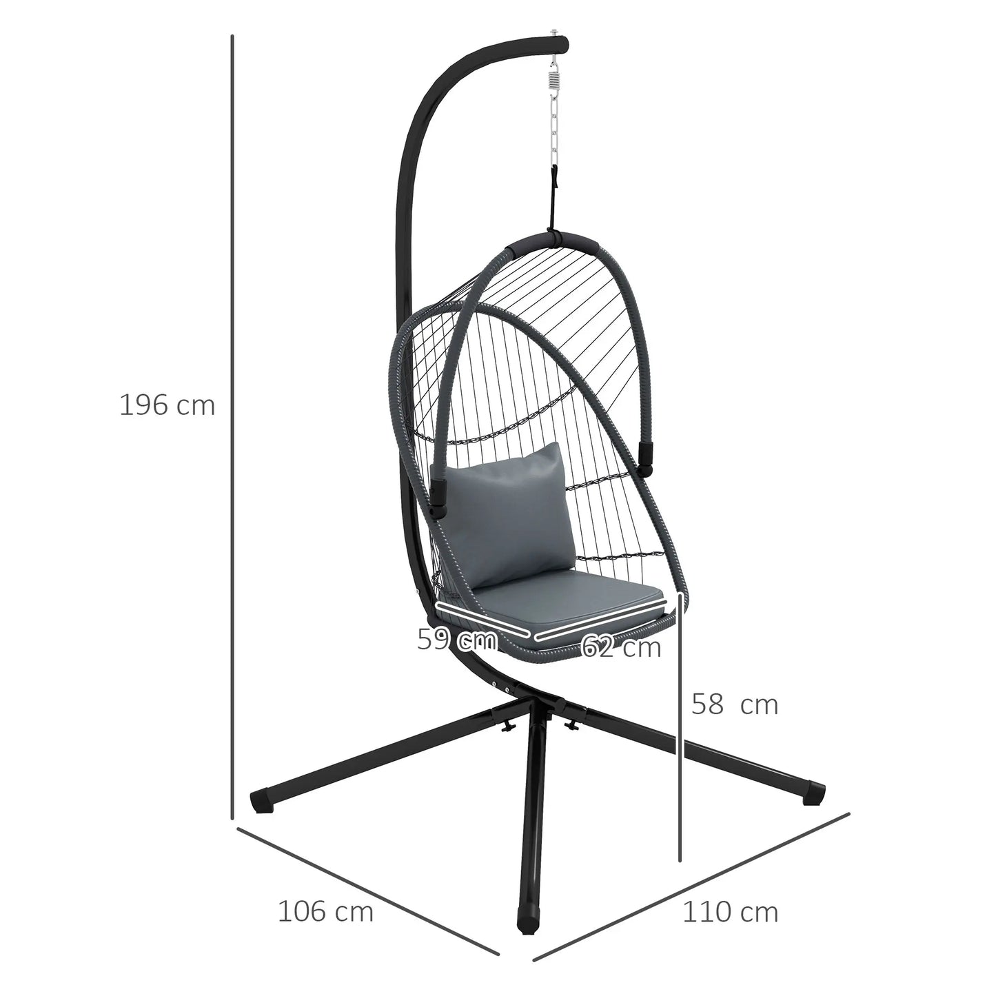PE Hanging Swing Chair W/ Cushion, Patio Hanging Chair, Grey