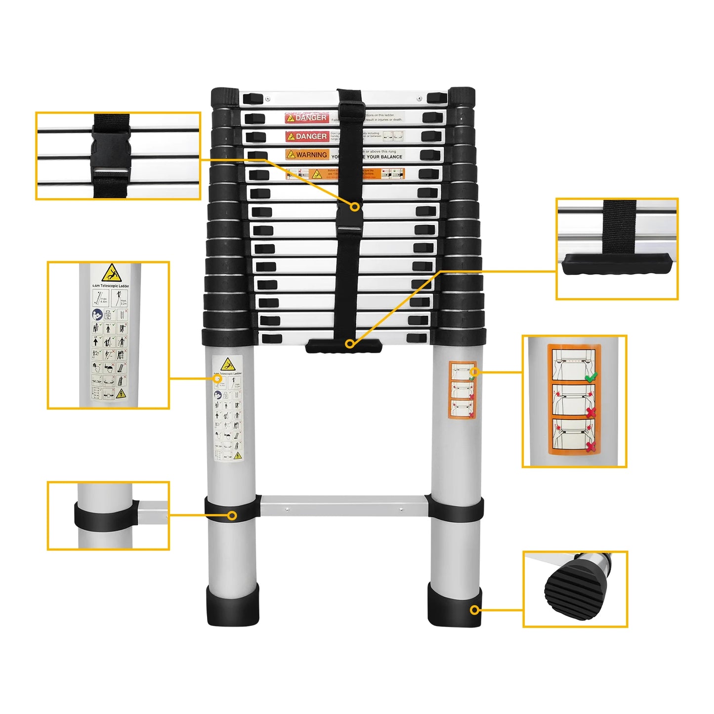 4.4 M Multi-Purpose Telescopic Aluminium Ladder, Extendable Folding Ladder, Non-Slip Steps, 150 Kg Load Capacity