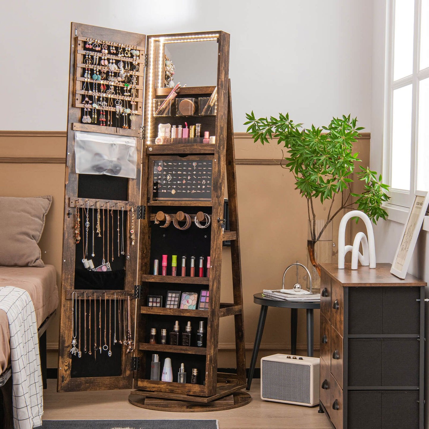 360-Degree Mirrored Jewelry Armoire with 3-Color Auto-On LED Lights
