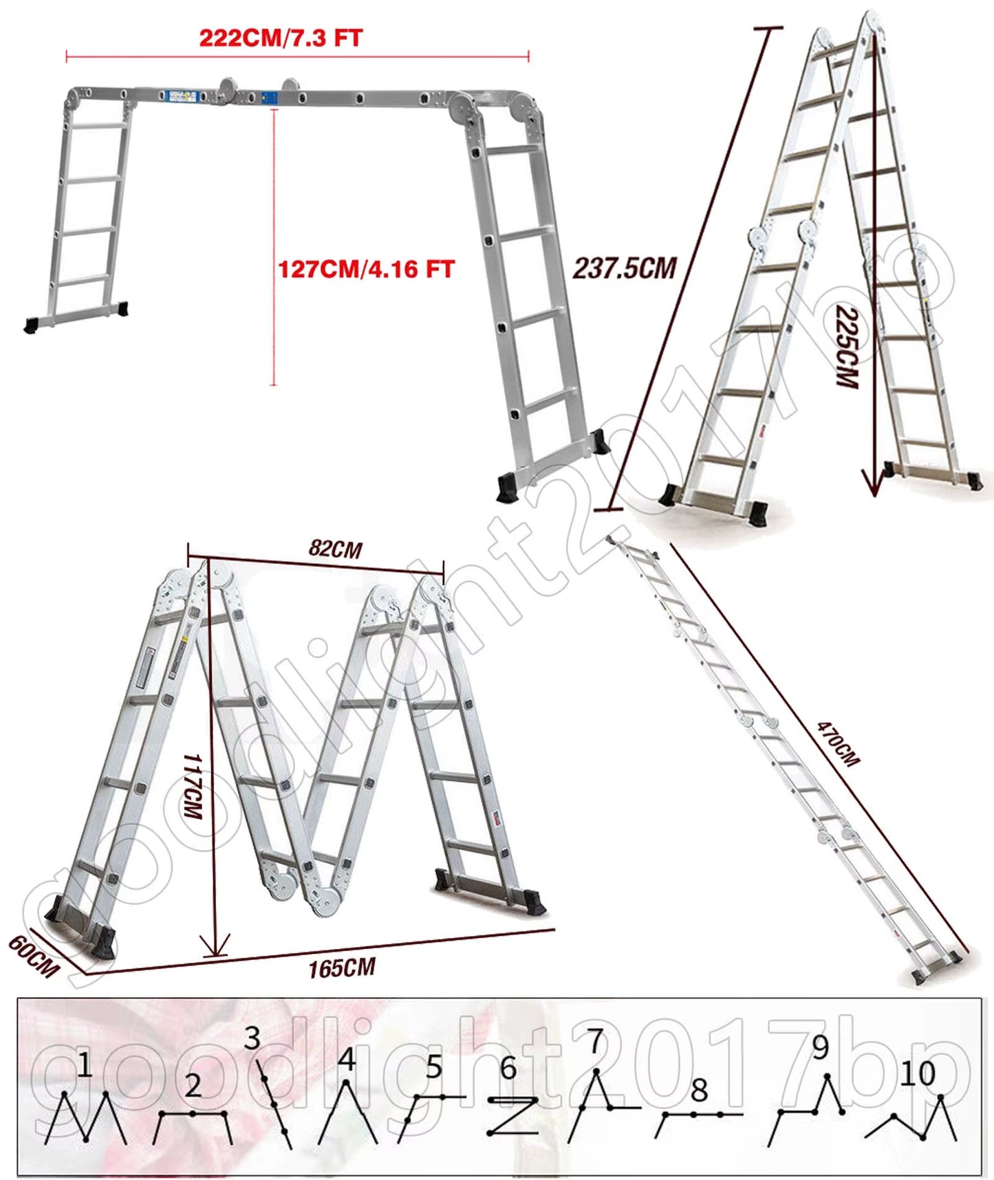 4.7M Telescopic Ladder, Multi-Purpose Extendable Aluminum Ladders, 14 in 1 Folding Adjustable Telescoping Step Ladder Portable