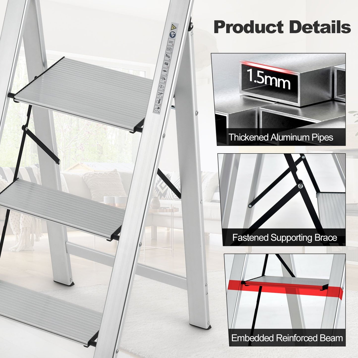 Aluminum Folding Step Stool with Non-Slip Pedal and Footpads