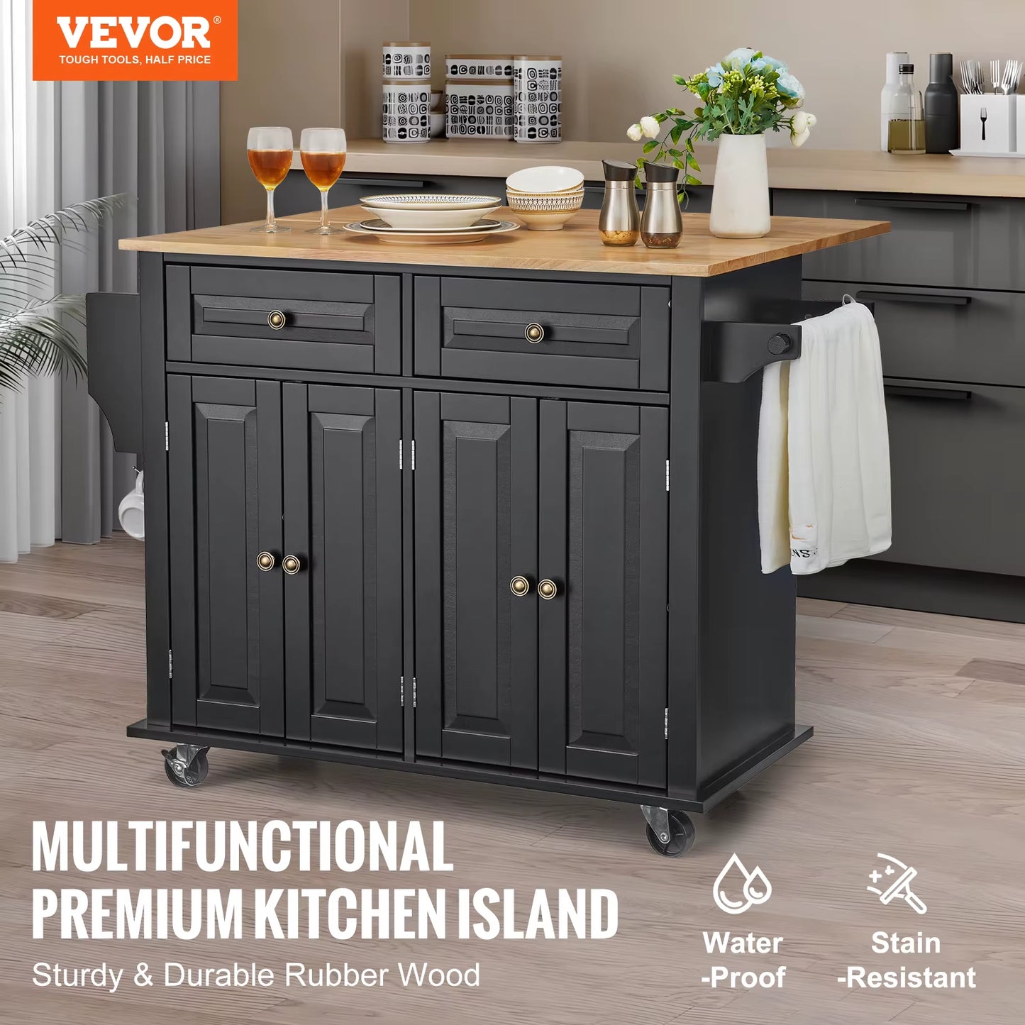 43" Kitchen Island Cart Wood Top Mobile Carts with Storage Cabinet Rolling Table with Drop Leaf Spice Rack Towel Bar Black