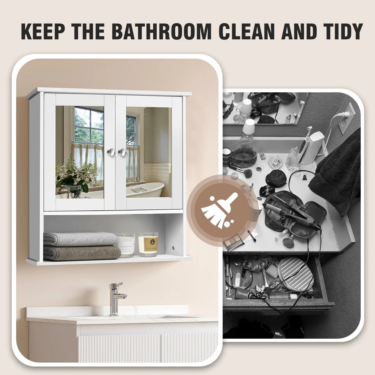 Bathroom Cabinet Wall-Mounted Storage Cabinet Modern Toilet Cupboard Storage Unit with Double Mirror Door Adjustable Shelf White