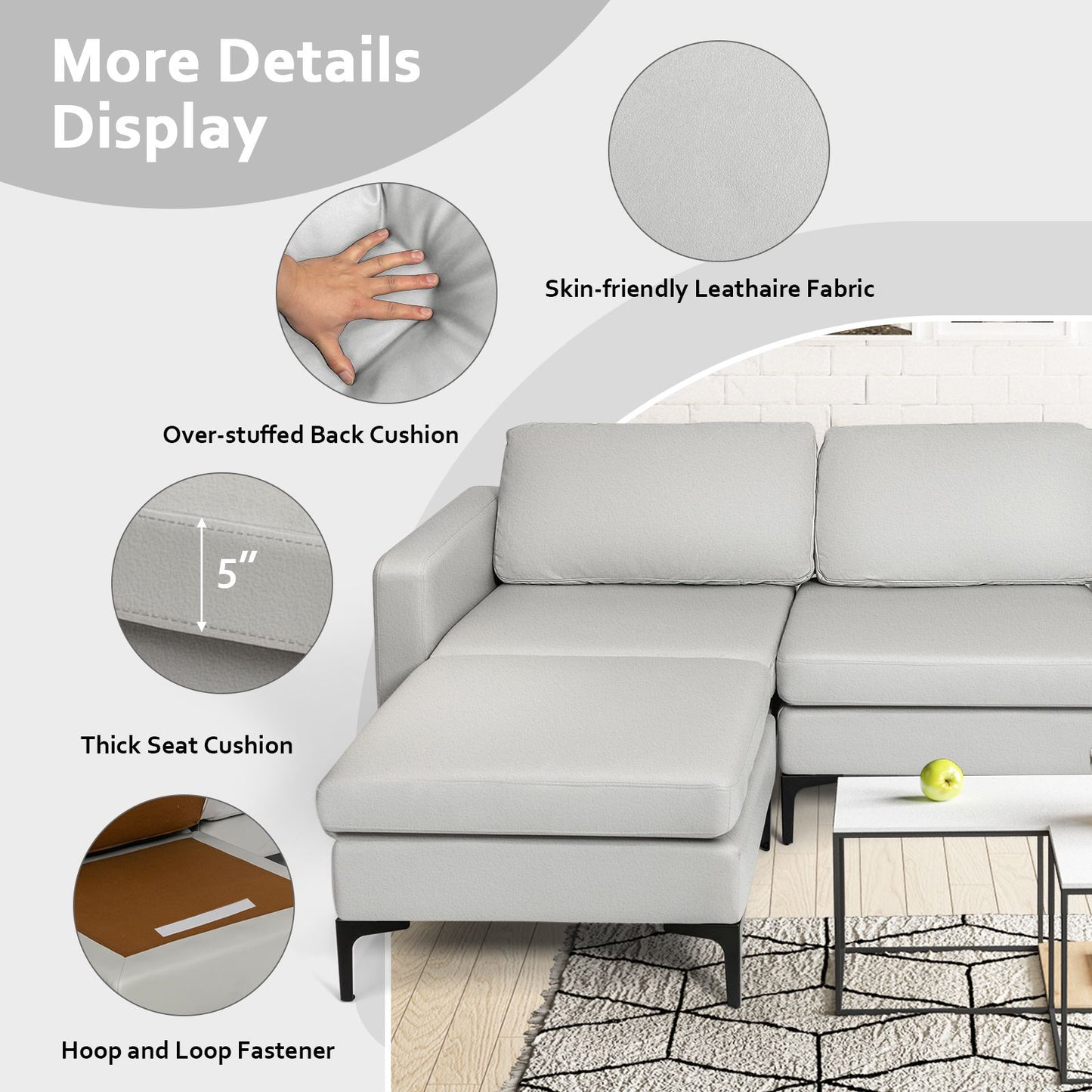 Stylish Modular L-Shaped Sofa with Reversible Ottoman & Convenient Built-In Socket