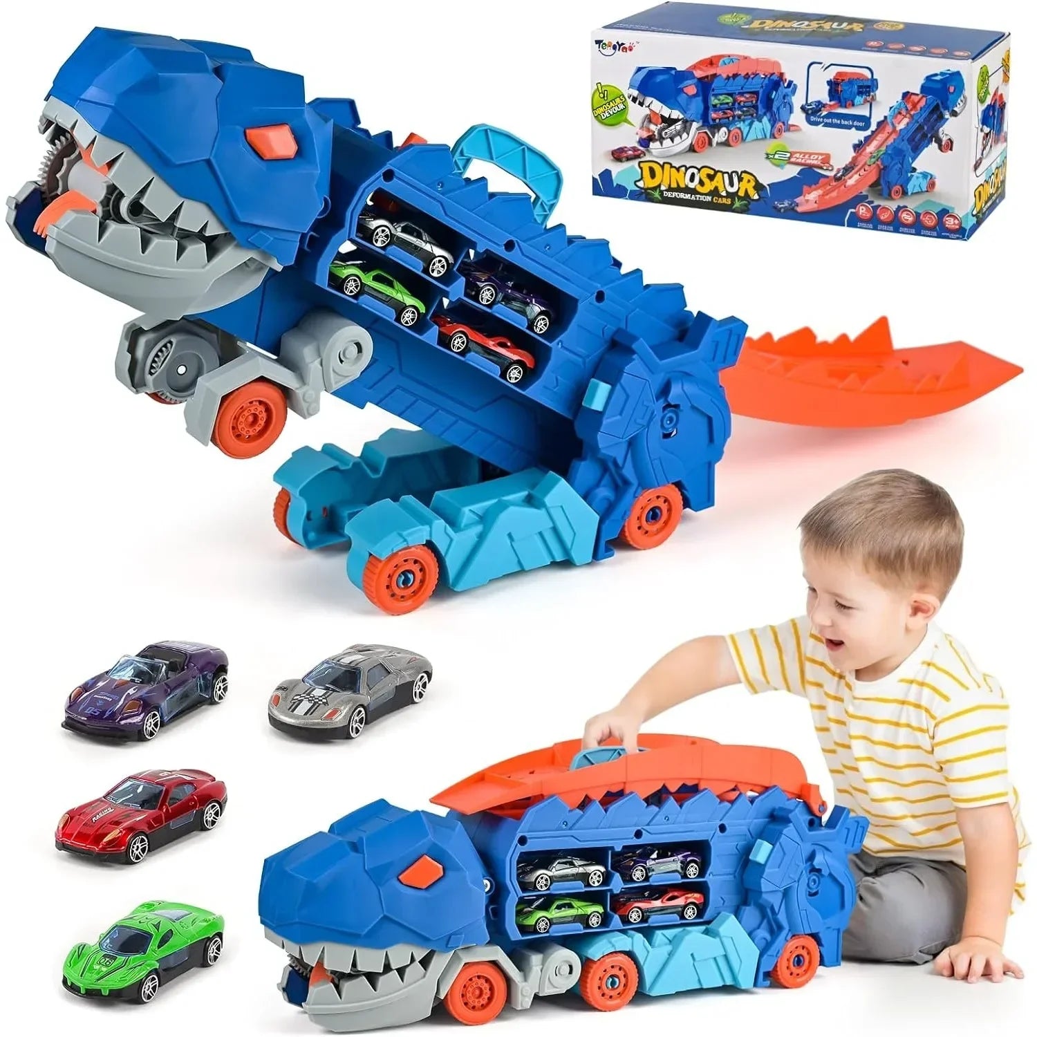 Transforming Dinosaur Truck with Foldable Race Track - Perfect Birthday Gift for Boys and Girls!