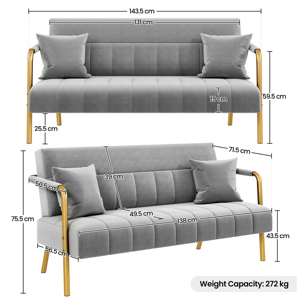 Sofa Couch Modern Velvet 143cm Loveseat with Gold-tone Metal Arms & Legs, Upholstered Design, Includes 2 Pillows