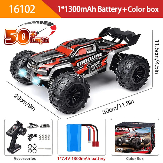 Fast 50Km/H 1/16 Off-Road 4WD RC Monster Truck with LED Headlights - Waterproof Remote Control for Kids & Adults