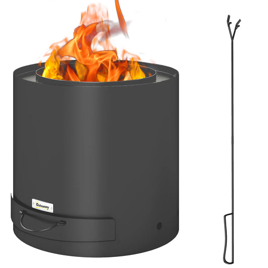 Outdoor round Fire Pit with Ash Tray, Wood Burning Firepit with Fire Poker for Patio Bonfire BBQ Camping, Black