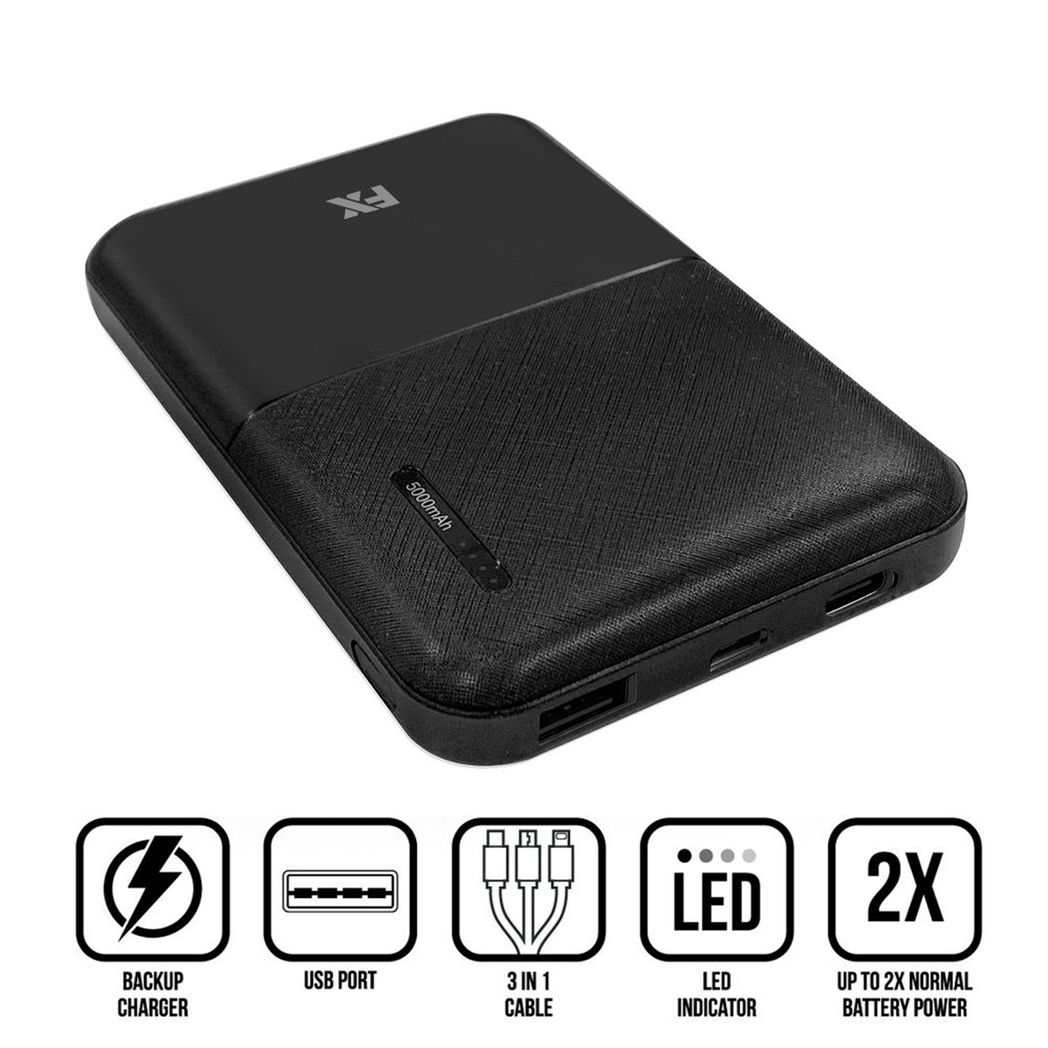 FX 5000mAh Power Bank - Dual USB Output, Fast Charge, Sleek Black Design