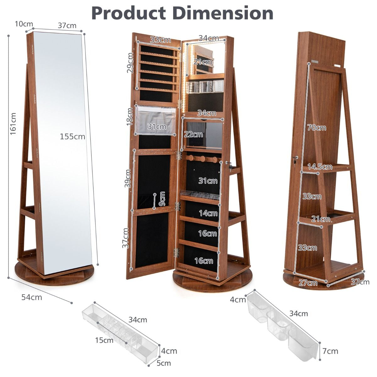 360-Degree Mirrored Jewelry Armoire with 3-Color Auto-On LED Lights