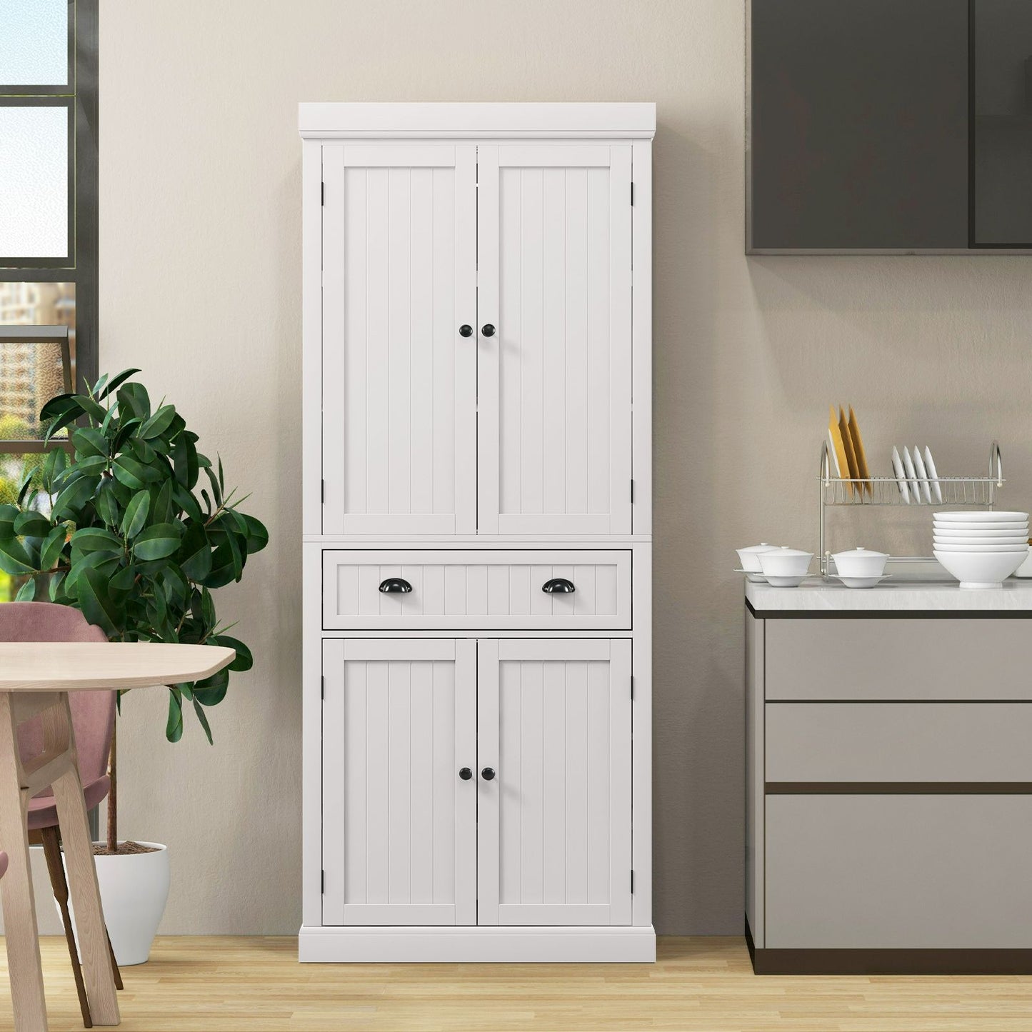 4-Door Tall Kitchen Cupboard Adjustable Shelves and Drawer