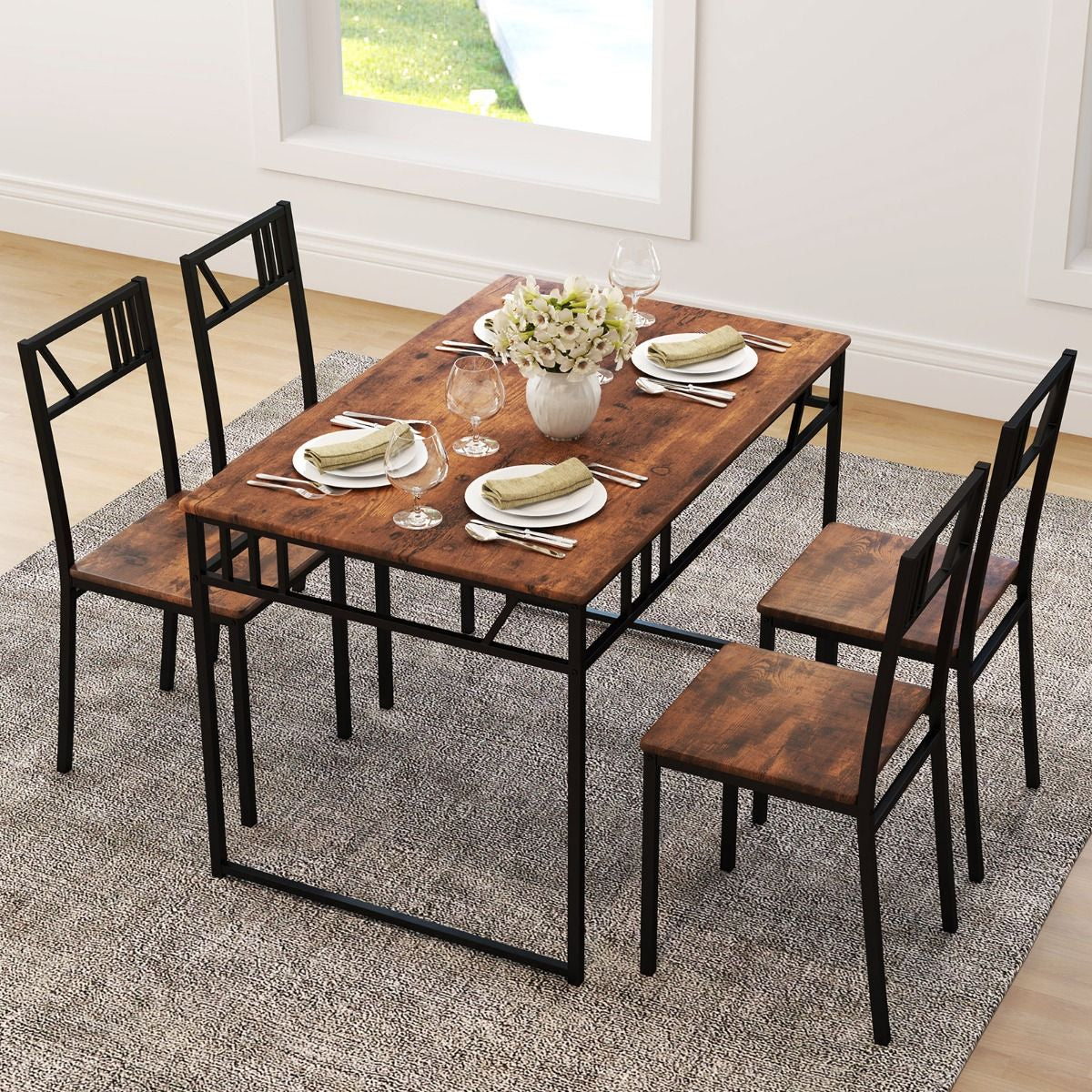 Stylish Industrial Kitchen Table Set with 4 Chairs - Wood-Look Top & Sturdy Metal Frame