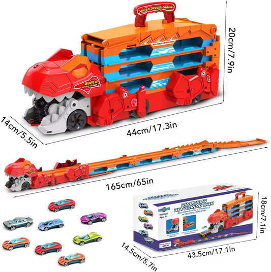 Dinosaur 3-in-1 Transport Truck with 8 Race Cars - Ejection Folding Portable Track Toy with Sound for Kids Age 3+