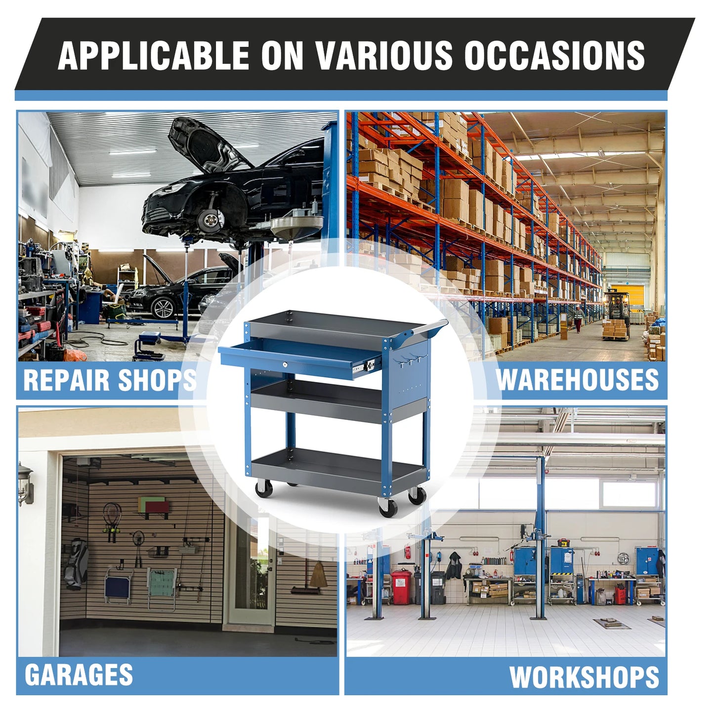 AIRAJ 3 Tier Rolling Tool Cart on Wheels,Metal Heavy Duty Mechanic Cart with Drawers and Pegboard,Industrial Utility Cart