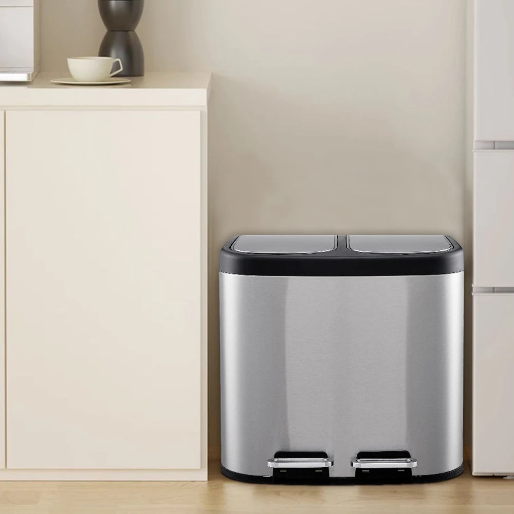 30L Stainless Steel Step Open Trash Can with Dual Pedals Large Capacity