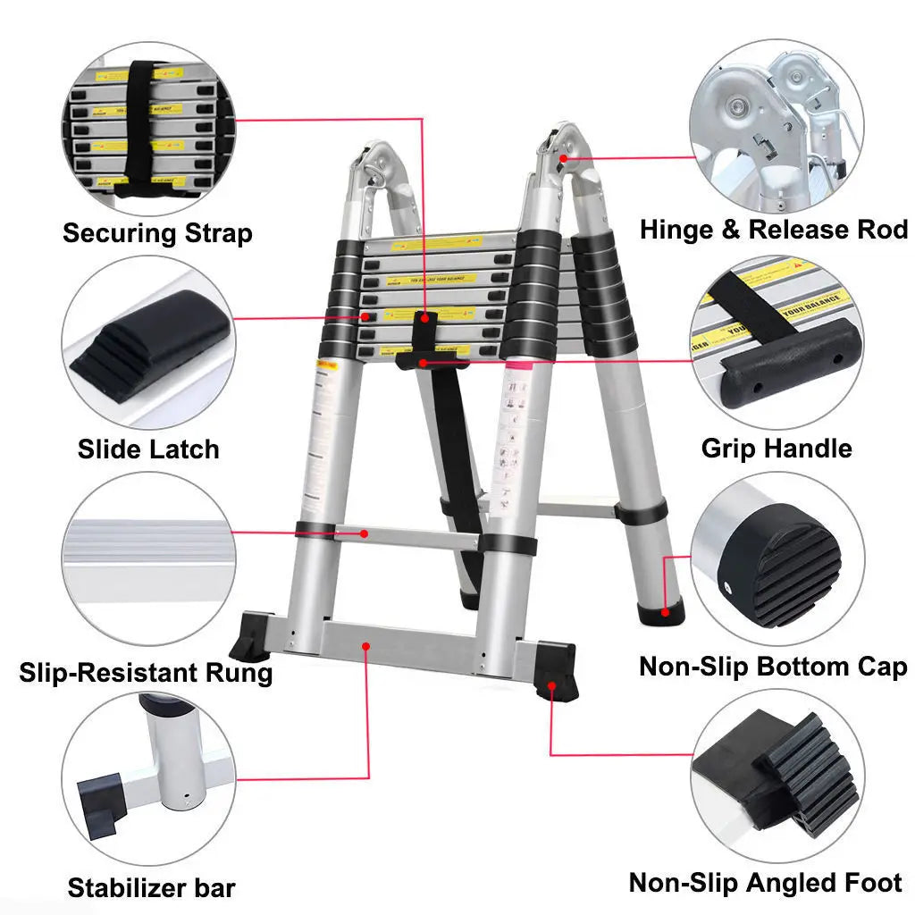 Telescopic Aluminium 2.6M-5M Folding Step Ladder,Multi-Purpose,Non-Slip,Extendible,Rungs,Lightweight,150Kg Load Capacity