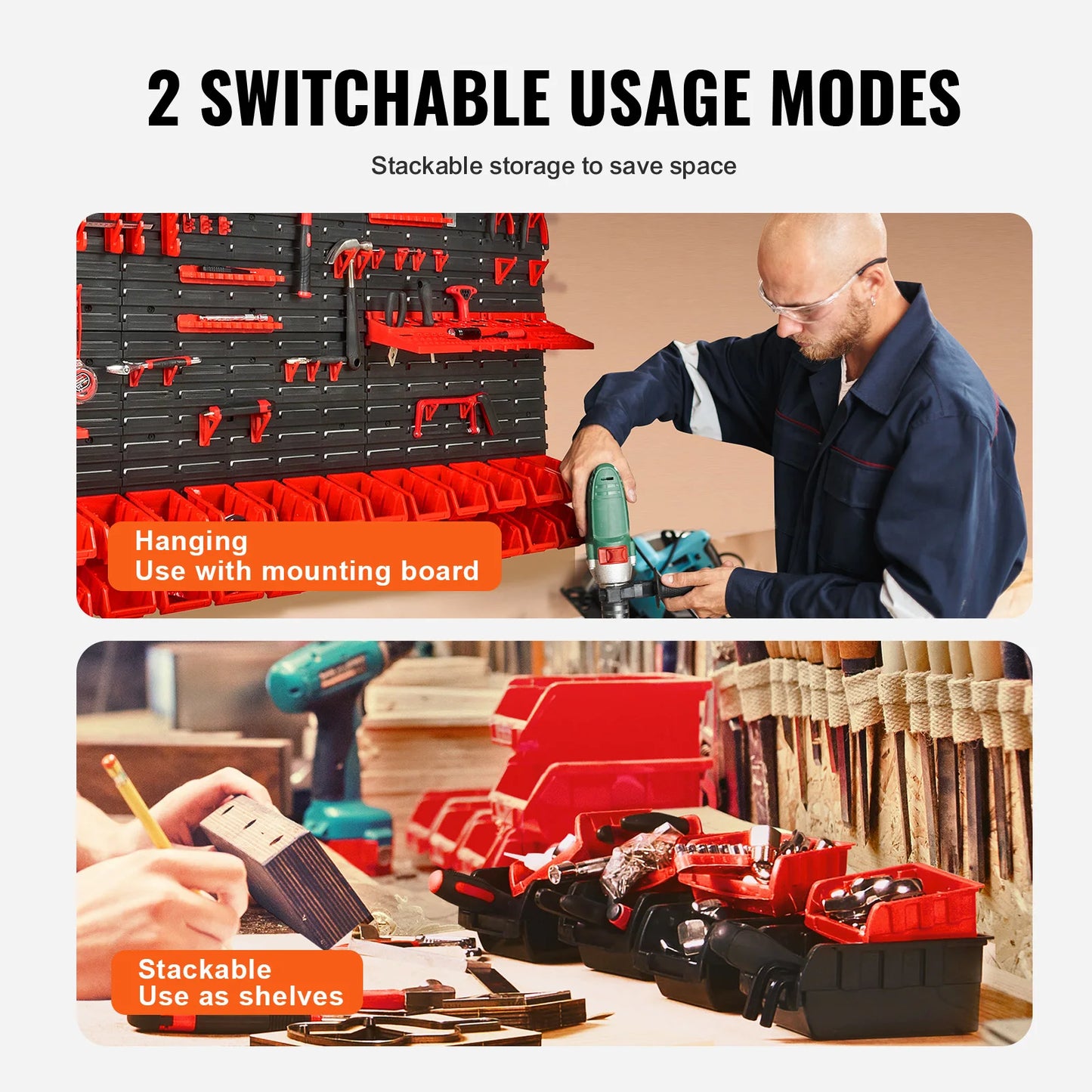 Wall Mounted Storage Bins 30/48-Bin Parts Rack Organizer Garage with Wall Panels Hooks Plastic Shop Tool for Screw Nails