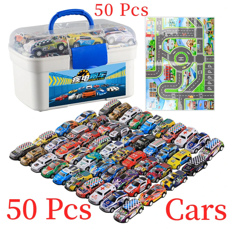 50-Piece Mini Pull Back Car Toy Set - Perfect Gift for Boys! Inertia Diecast Cars with Box for Endless Fun!