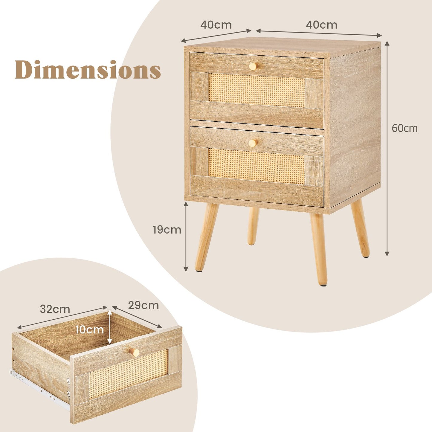 Boho Accent Rattan Nightstand Bedside Table with 2 Storage Drawers