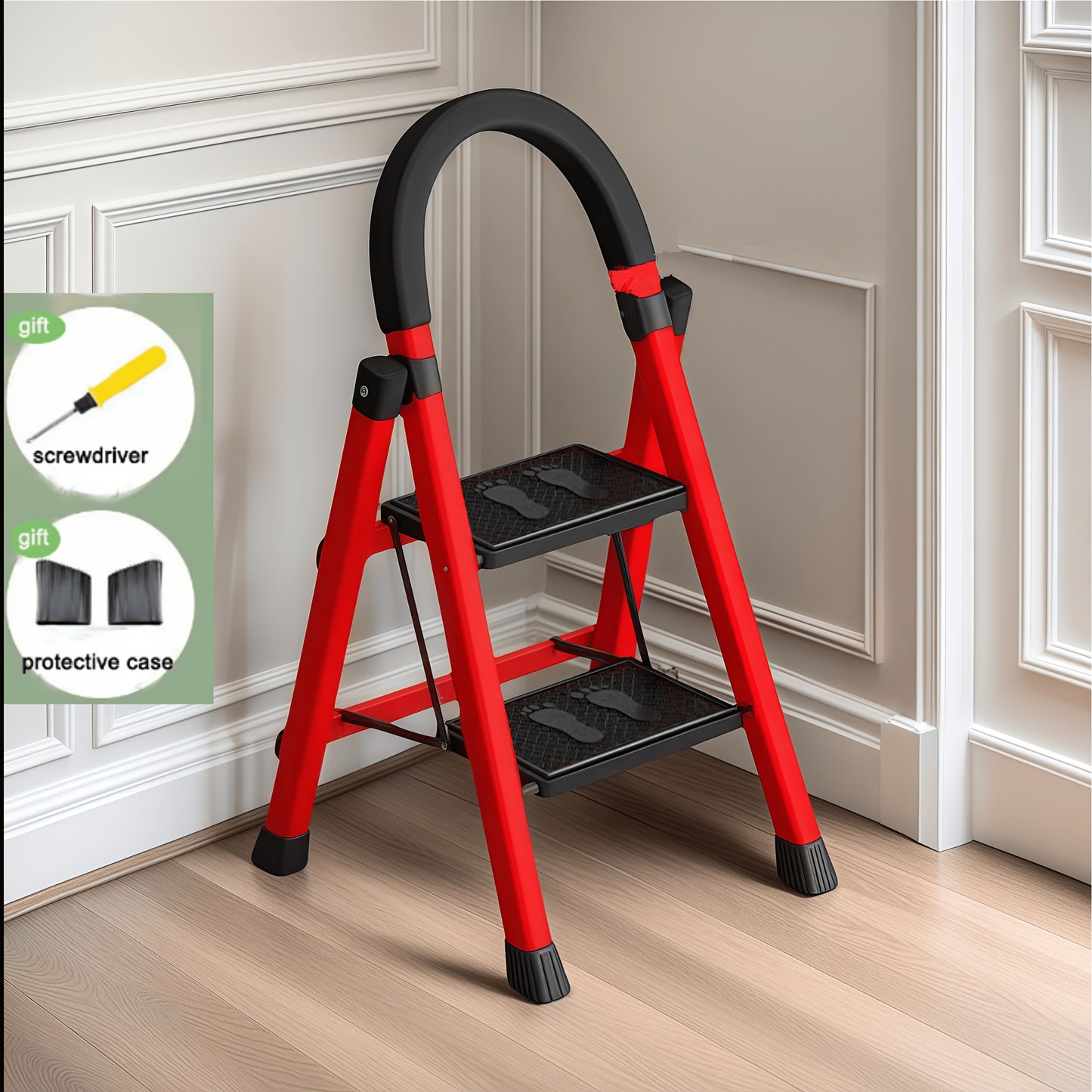 Adjustable Portable Step Stool - Telescopic Folding Aluminium Ladder  Red & Black