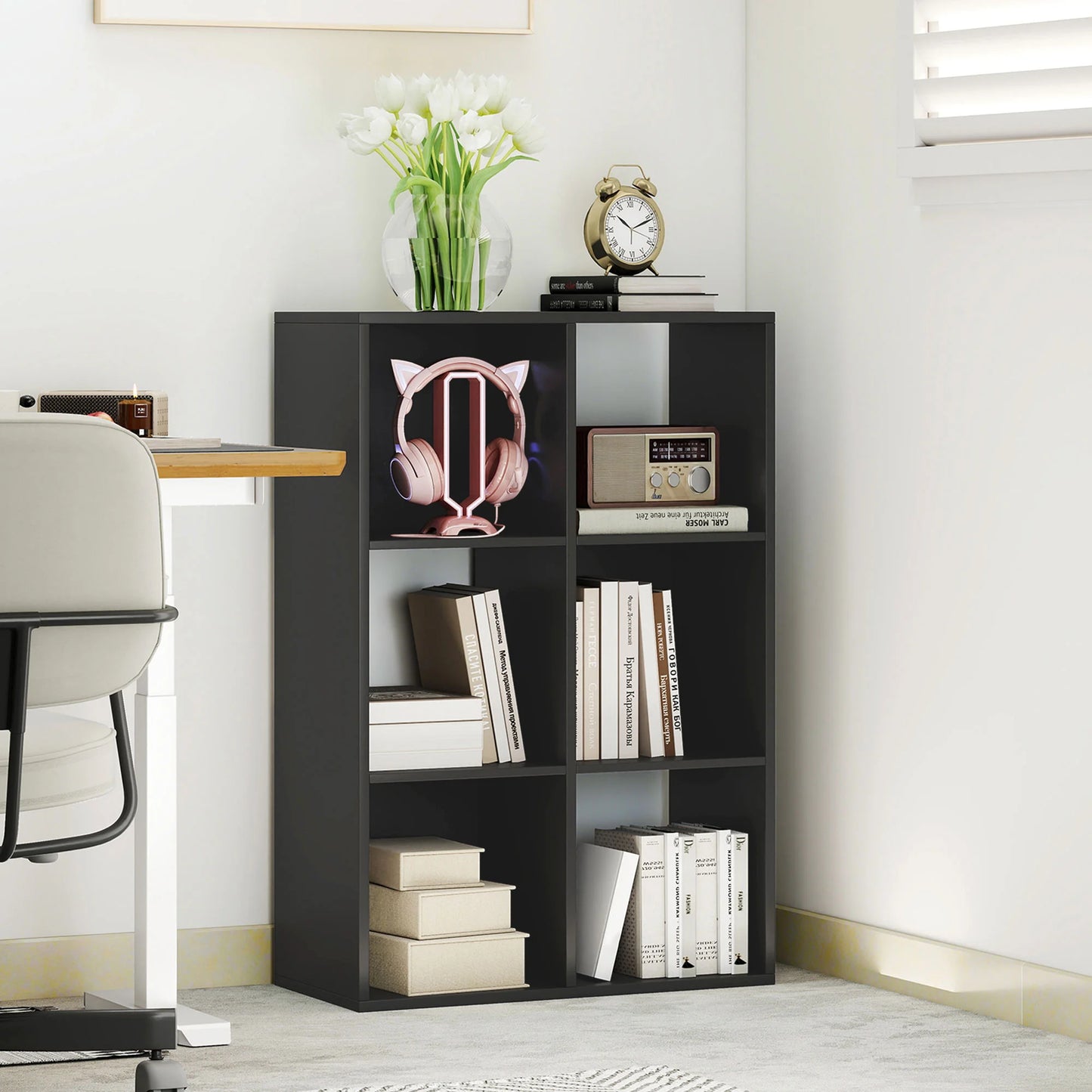 6-Cube Bookshelf, Display Shelving Unit for Home Office, Black