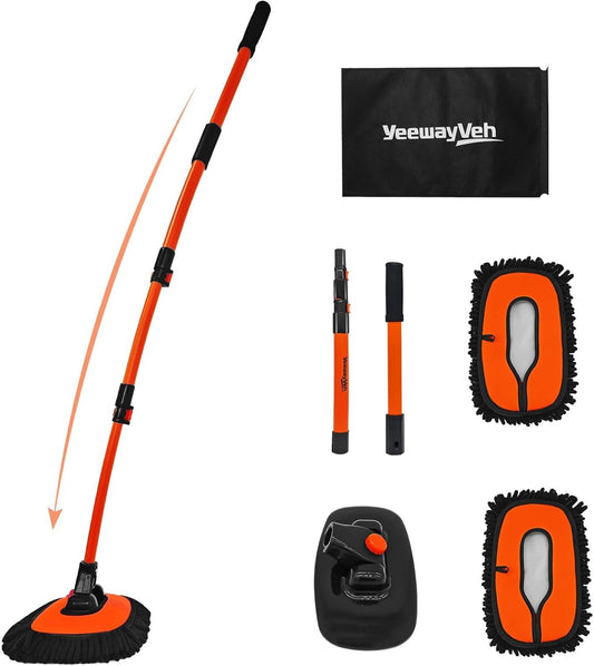 55" Extendable Car Wash Brush Mop with Microfiber Head - Perfect for Trucks & SUVs, Includes Storage Bag - Soft & Effective Cleaning Tool in Orange