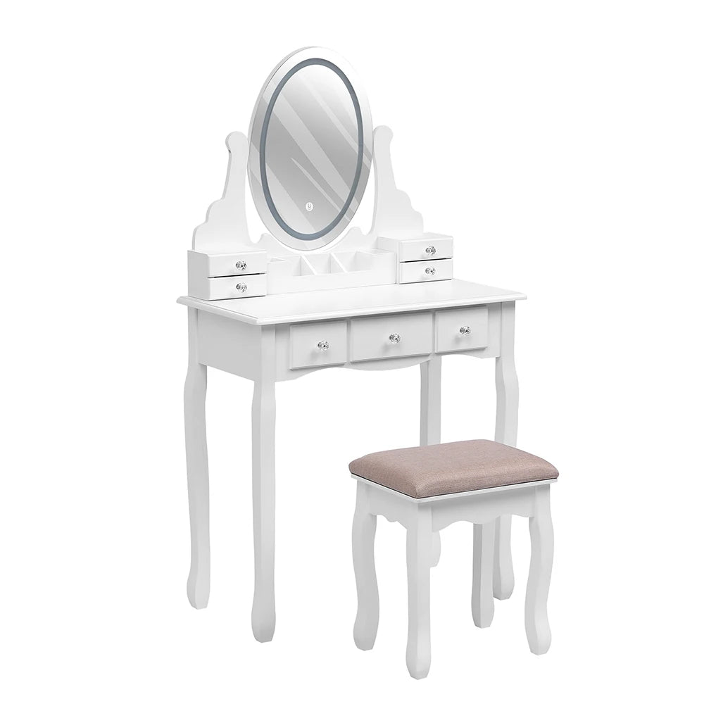 Modern Vanity Makeup Table and Cushioned Stool Set with 7 Drawers