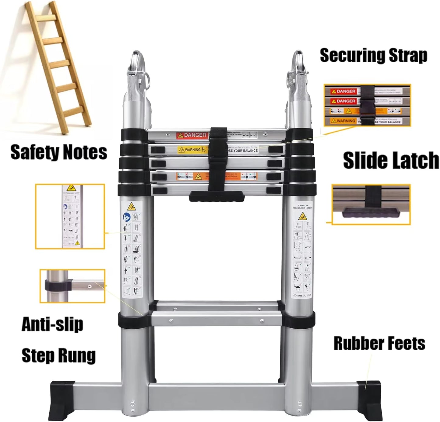 Telescoping Ladder, Portable Telescopic Extension 3.8M(1.9M+1.9M) Tall Multi Purpose Loft Ladder, Stainless Steel Frame Folding