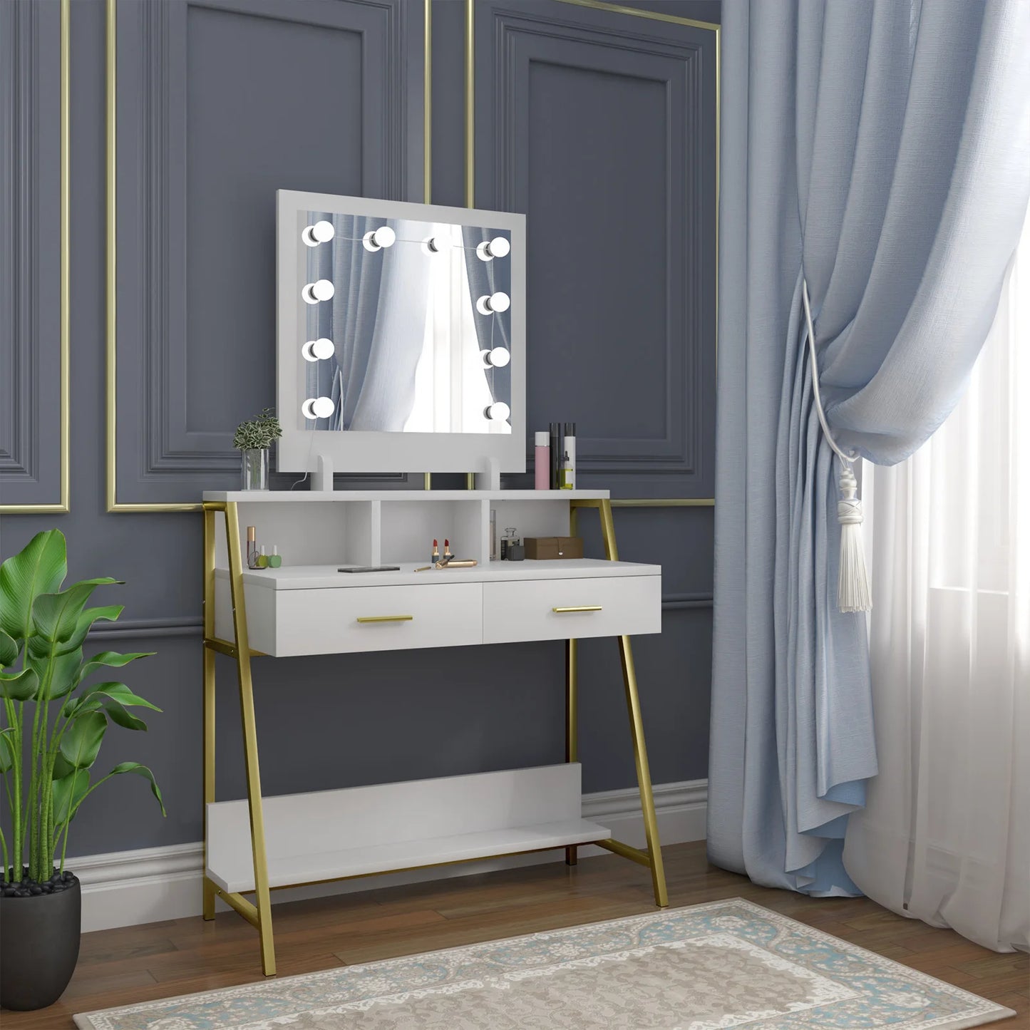White Vanity Dressing Table with LED Makeup Mirror 2 Drawers for Bedroom