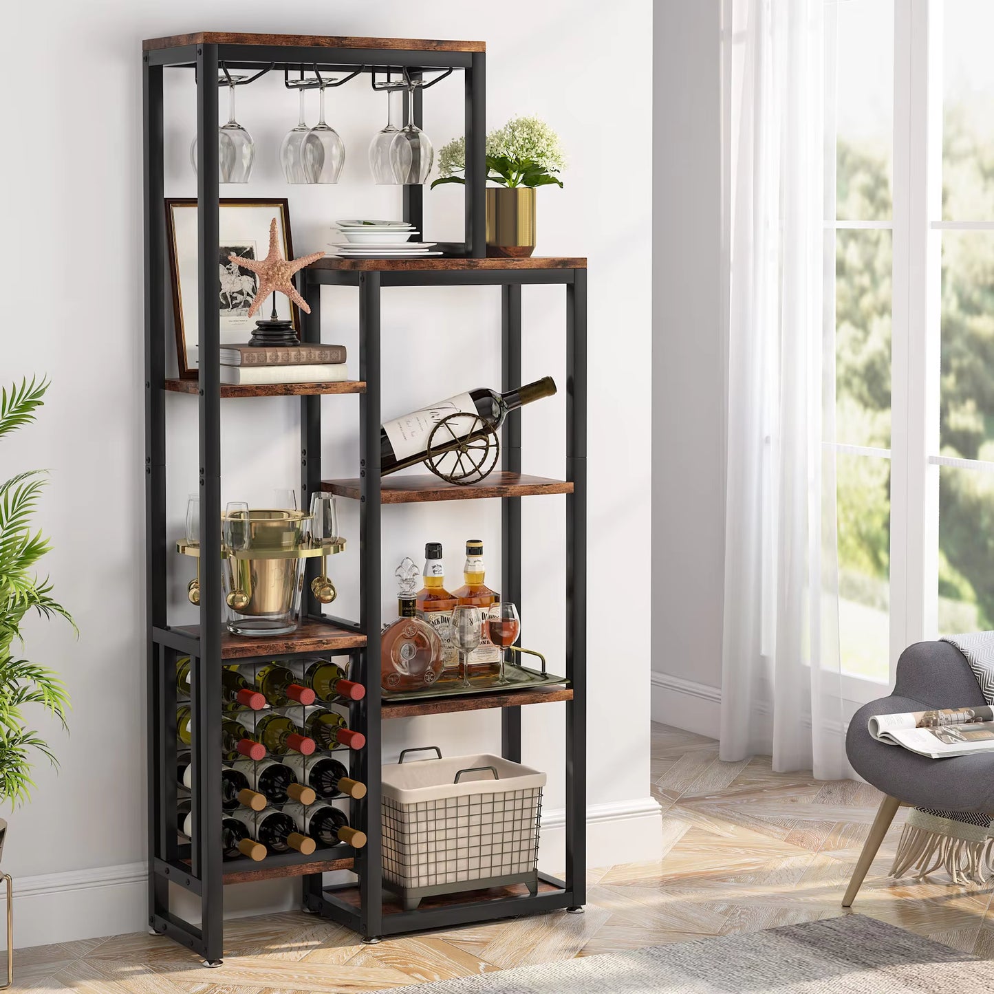 Stylish 5-Tier Freestanding Wine Rack with Glass Holder - Industrial Wine Storage & Display Shelf