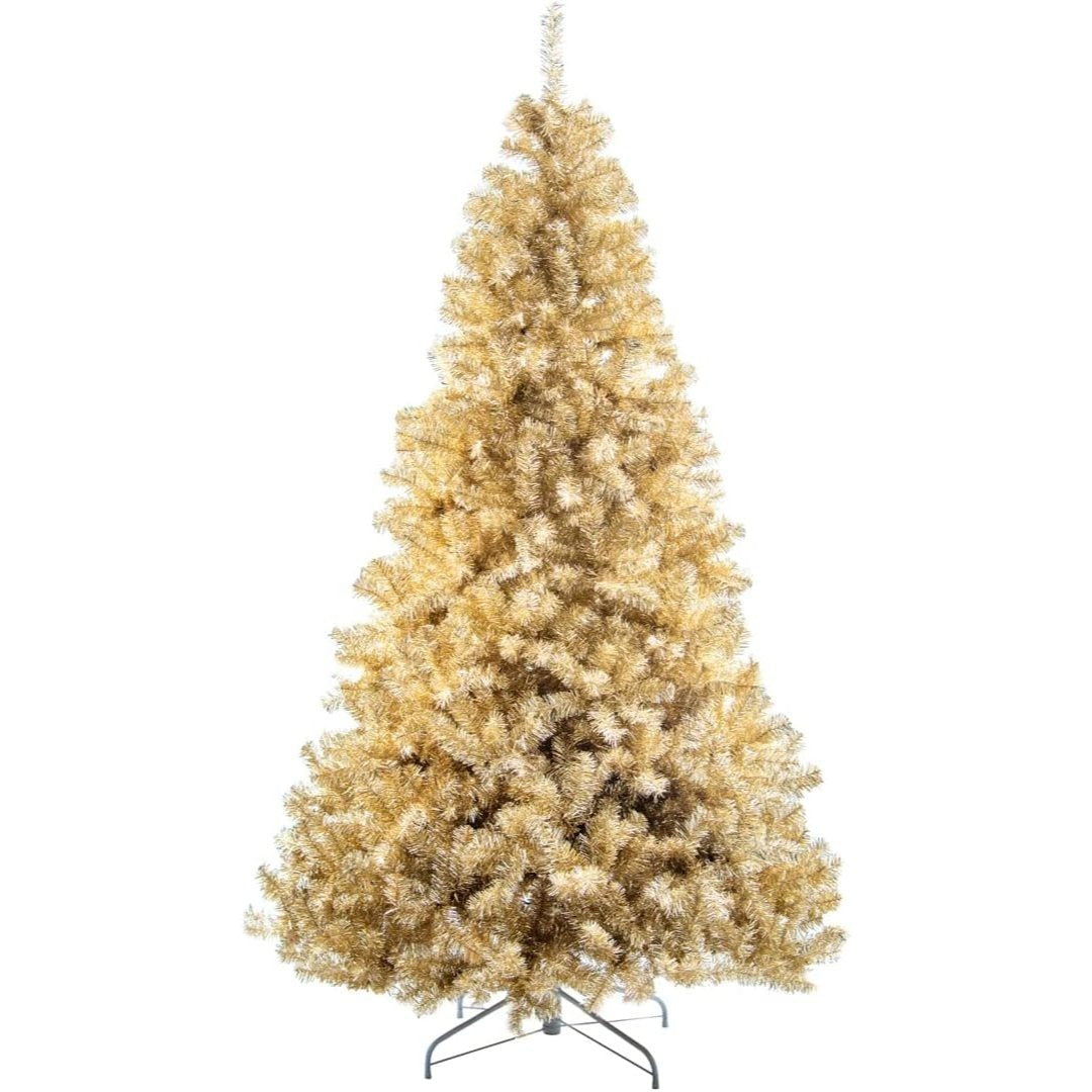 4Ft-8Ft Artificial Christmas Tree Champagne Gold Shiny Tinsel Tips Luxurious Hinged Branches Xmas Holiday Home Decorations