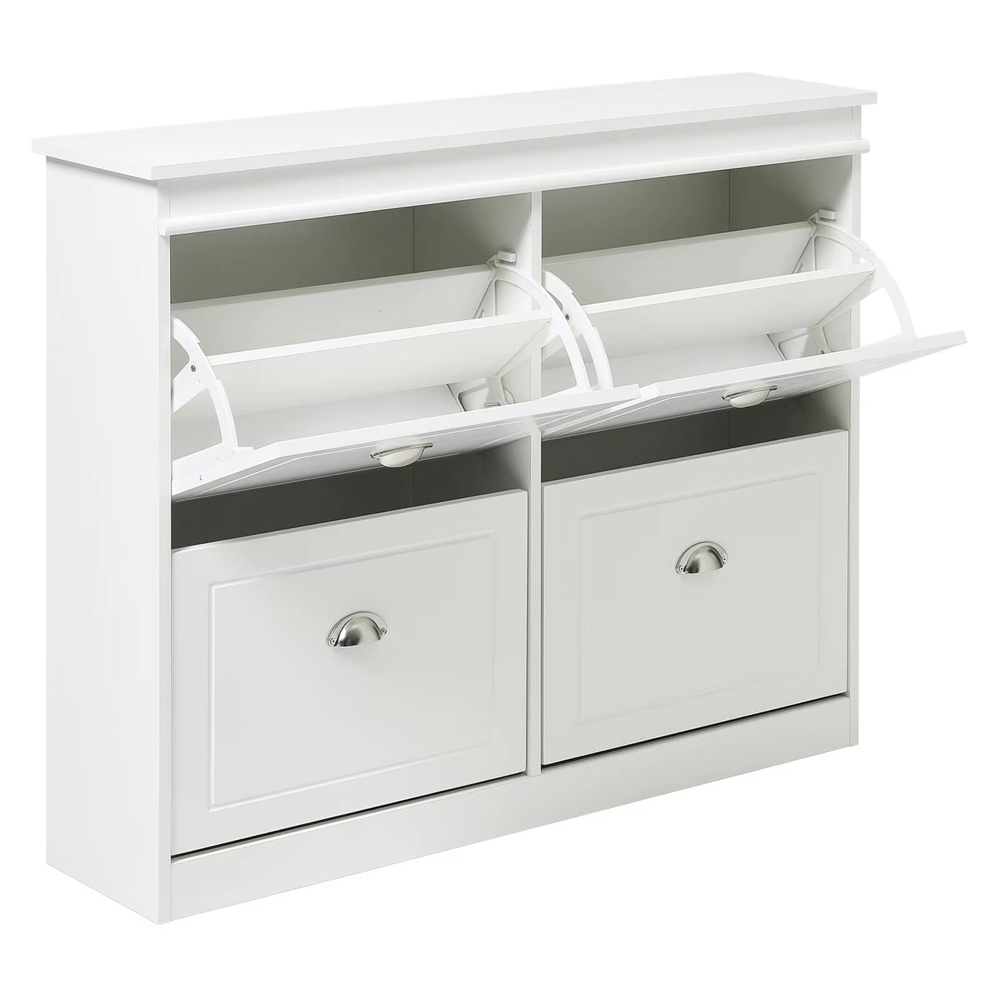 2 Tier White 4 Drawer Flip down Wooden Shoe Bench Cabinet