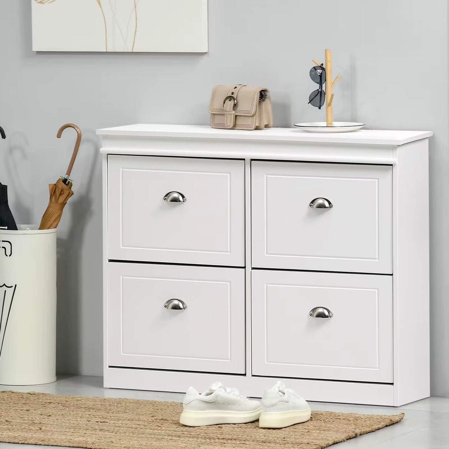 2 Tier White 4 Drawer Flip down Wooden Shoe Bench Cabinet