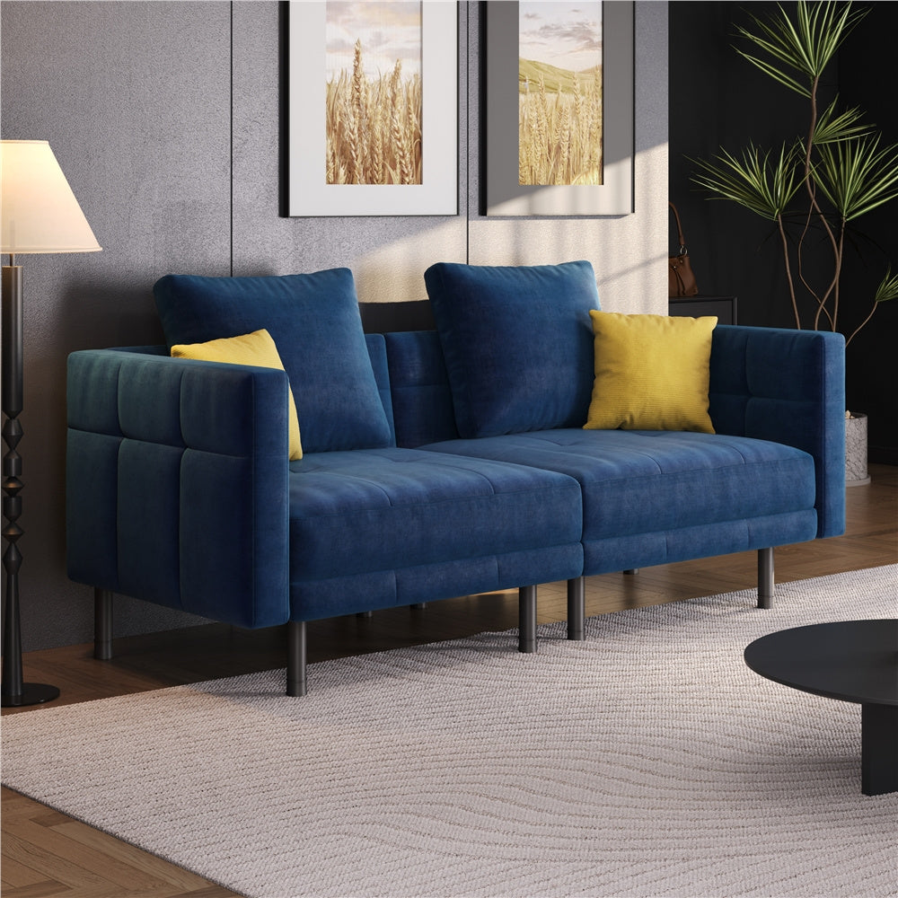 Velvet Sofa 2-Seater Convertible Sofa Bed, Fabric Upholstered Futon Couch Sleeper with 4 Pillows, Angle-Adjustable Armrests & Backrest