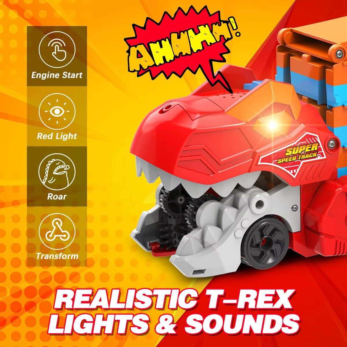 Dinosaur 3-in-1 Transport Truck with 8 Race Cars - Ejection Folding Portable Track Toy with Sound for Kids Age 3+