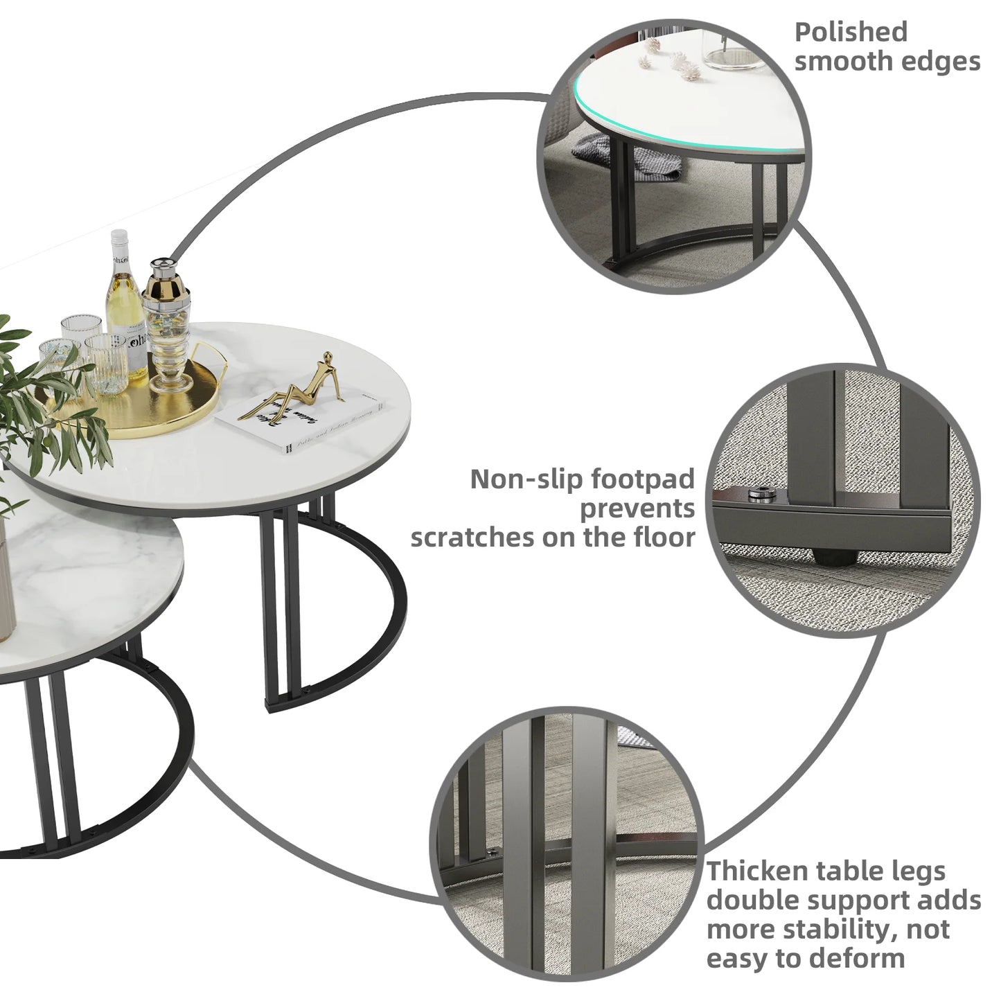 Modern Nesting Coffee Table Set of 2, Center Table with Sintered Stone Top and Metal Base for Living Rooms, Apartments