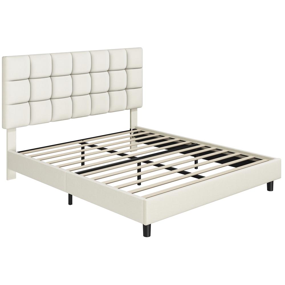 Upholstered Bed Frame, Modern Platform Bed Frame with Strong Wooden Slats Support and Square Tufted Headboard Height Adjustable